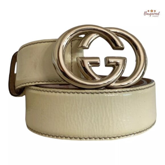 Authentic Gucci Pale Yellow Patent Leather Gold Interlocking G Buckle Belt 85/34